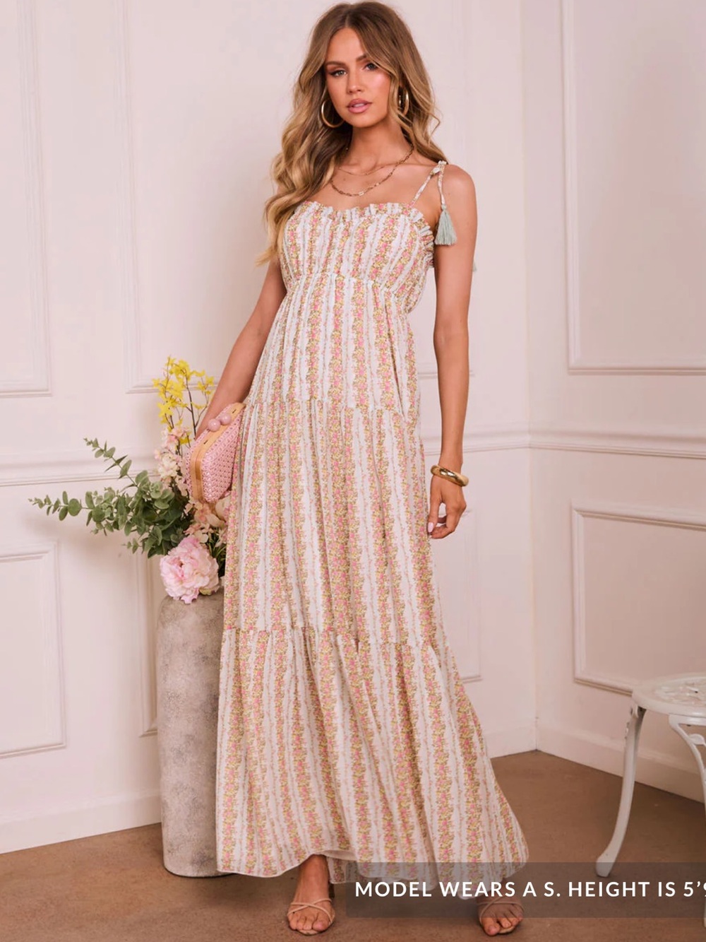 Vici Floral Stripe Tiered Maxi Dress in Pink and Cream